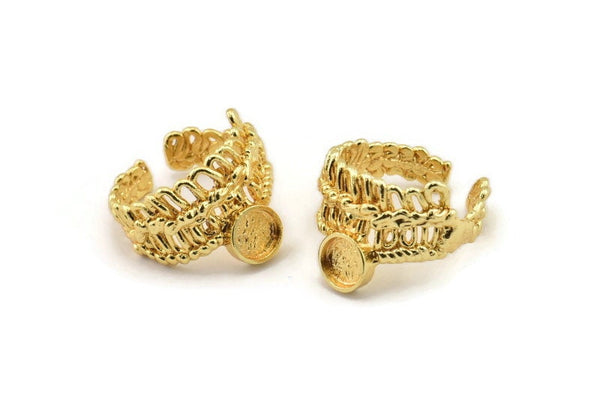 Gold Ring Setting, Gold Plated Brass Adjustable Rings With 1 Stone Settings - Pad Size 6mm N2571