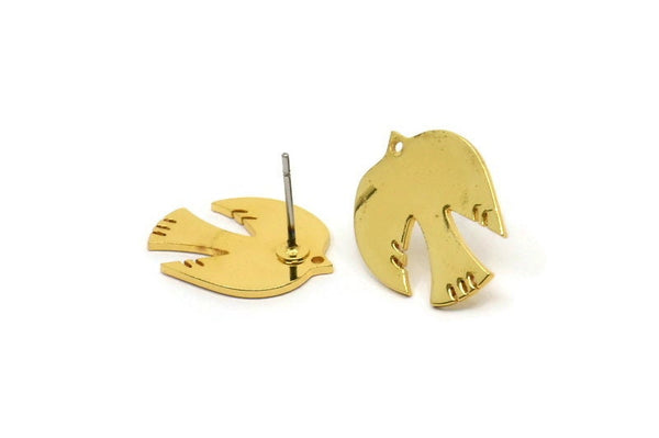 Gold Bird Earring, 4 Gold Plated Brass Bird Stud Earrings (18x14x0.80mm) A2719 Y098