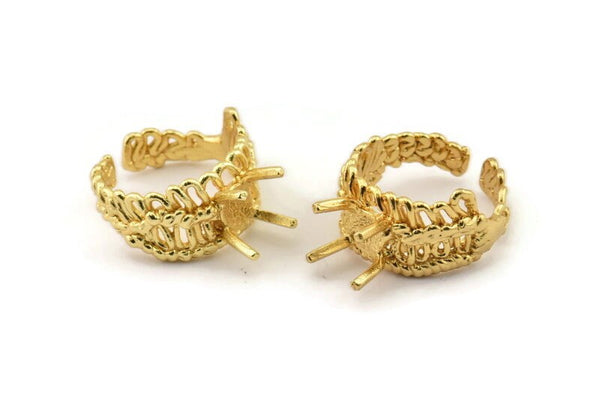 Gold Ring Settings, Gold Plated Brass Claw Rings, Adjustable Rings - Pad Size 6mm N2541