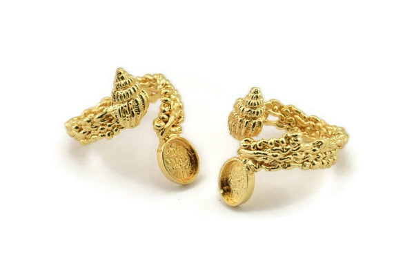 Gold Shell Ring, Gold Plated Brass Adjustable Rings With 1 Stone Settings - Pad Size 6x8mm N2566