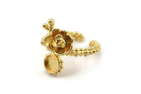Gold Flower Ring, Gold Plated Brass Adjustable Rings With 1 Stone Settings - Pad Size 6mm N2539