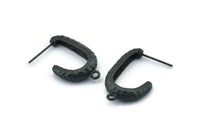 Black Hook Earring, 2 Hammered Oxidized Black Brass Hook Stud Earrings With 1 Loop (26x15x5mm) N1329