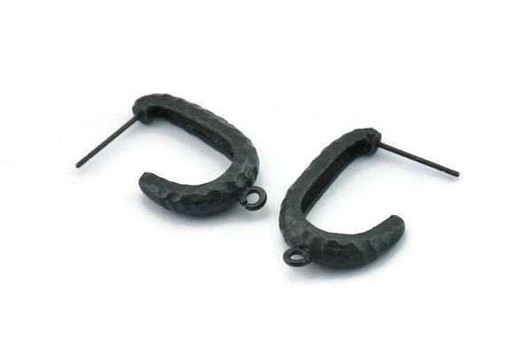 Black Hook Earring, 2 Hammered Oxidized Black Brass Hook Stud Earrings With 1 Loop (26x15x5mm) N1329