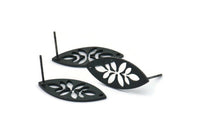Black Marquise Earring, 8 Oxidized Black Brass Leaf Patterned Marquise Shaped Stud Earrings With 1 Hole (24x10x0.80mm) A6216 A2812 H0189