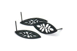 Black Marquise Earring, 8 Oxidized Black Brass Leaf Patterned Marquise Shaped Stud Earrings With 1 Hole (24x10x0.80mm) A6216 A2812 H0189