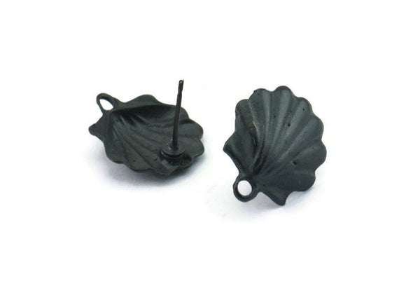Black Shell Earring, 4 Oxidized Black Brass Sea Shell Stud Earrings With 1 Loop, Findings (16x14mm) N0912