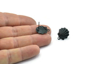 Black Shell Earring, 4 Oxidized Black Brass Sea Shell Stud Earrings With 1 Loop, Findings (16x14mm) N0912