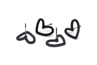 Blac Heart Earring, 8 Oxidized Black Brass Heart Stud Earrings (11x14x1mm) D1195 A1221 H0475