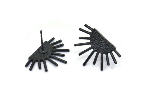 Black Sun Earring, 2 Oxidized Black Brass Sunshine Stud Earrings (21x14mm) N0711