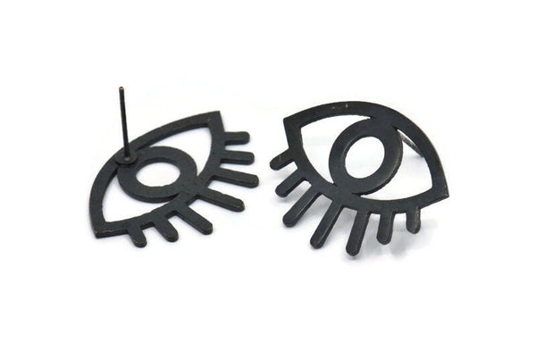 Black Eye Earring, 4 Oxidized Black Brass Eye Stud Earrings (29x1mm) N1030