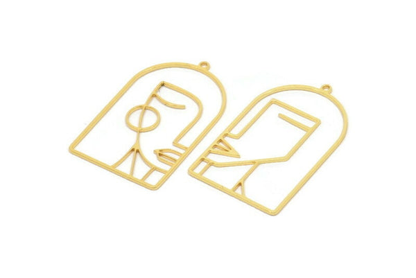 Gold Face Charm, 2 Gold plated Brass Man And Woman Face Charms With 1 Loop, Findings (39x24x0.80mm) A6676 H0787
