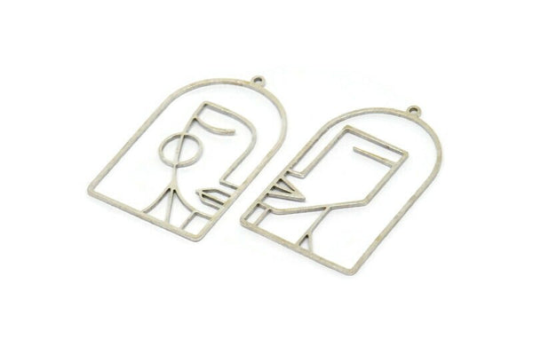 Silver Face Charm, 2 Antique Silver Plated Brass Man And Woman Face Charms With 1 Loop, Findings (39x24x0.80mm) A6676 H0787