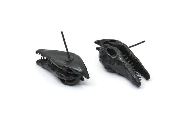Black Crocodile Earring, 2 Oxidized Black Brass Crocodile Stud Earrings (27x10mm) N0961