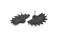 Black Sun Earring, 2 Oxidized Blac Brass Sunshine Badge Stud Earrings - Pad Size 6mm (31x21mm) N0769