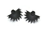 Black Sun Earring, 2 Oxidized Blac Brass Sunshine Badge Stud Earrings - Pad Size 6mm (31x21mm) N0769