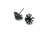 Siyah Çiçek Küpe, 1 Döngülü 4 Oksitlenmiş Pirinç Siyah Taraxacum Çivi Küpe (14 mm) N1180