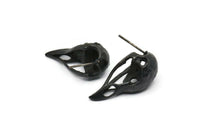 Black Bird Earring, 2 Oxidized Black Brass Bird Skull Stud Earrings (26x11x6mm) N0958