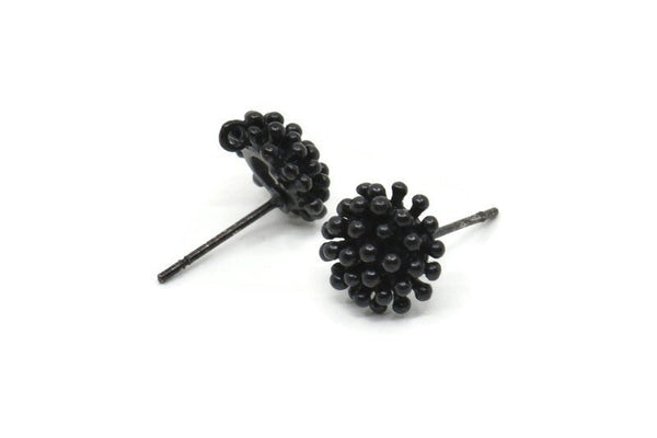 Siyah Çiçek Küpe, 1 Döngülü 4 Oksitlenmiş Siyah Pirinç Taraxacum Çivi Küpe (10 mm) N1177