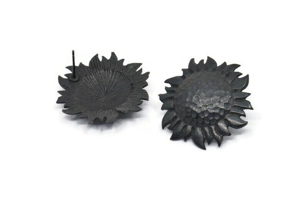 Black Sunflower Earring, 2 Oxidized Black Brass Flower Stud Earrings (30mm) N0709