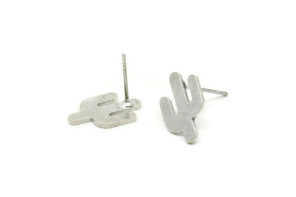 Silver Cactus Earrings, 12 Antique Silver Plated Brass Cactus Stud Earrings (14x9x0.90mm) M02614 A2591 Q0671