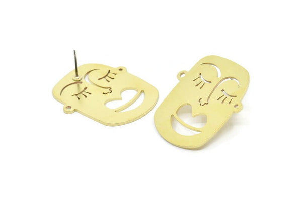Brass Face Earring, 2 Raw Brass Face Stud Earrings (37x27x1mm) A6270