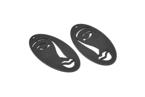 Black Face Charm, 4 Oxidized Black Brass Face Charms With 1 Hole (38x19x0.80mm) D0642