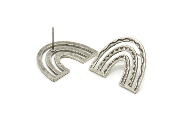 Earring Studs, 2 Antique Silver Plated Brass - U Shape Earrings - Silver Earrings - Earrings (20x25x1mm) N1463 H1569