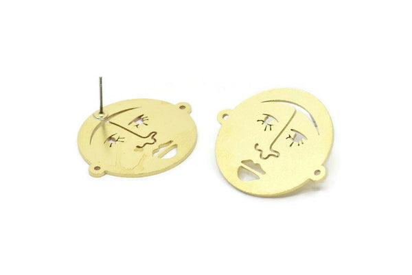 Brass Face Earring, 4 Raw Brass Face Stud Earrings (31x27x1mm) A6236
