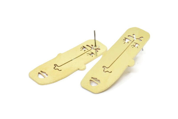 Brass Face Earring, 2 Raw Brass Face Stud Earrings (43x18x1mm) A6305