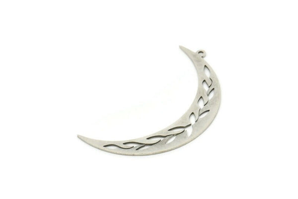 Silver Moon Charm, 4 Antique Silver Plated Brass Crescent Moon And Branch Shaped Charms With 1 Loop, Findings (41x7x0.60mm) SMP0595 A3859