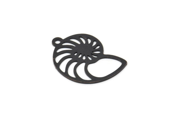 Siyah Kabuk Charm, 1 Halkalı 8 Oksitlenmiş Siyah Pirinç Salyangoz Kabuğu Şeklinde Charm, Küpe Parçaları (26x18x0,60 mm) A3532