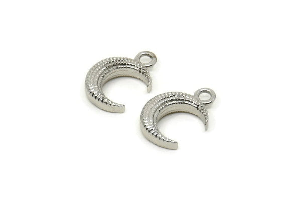 Silver Moon Charm, 4 Silver Tone Brass Horn Charms, Pendant, Jewelry Finding (12x3.60x3.65mm) N0302