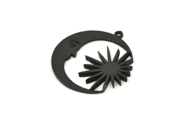 Ay ve Güneş, 2 Oksitlenmiş Siyah Pirinç, Hilal, Charm Kolye Ucu, Siyah Kolye Ucu, 1 Halkalı Siyah Charm (30x29x1,2 mm) N1522