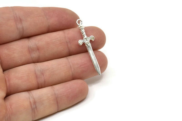 Knight&#39;s Sword Pendant, 2 Matte Silver Plated Brass Sword Charms With 1 Loop (36x10mm) N0248