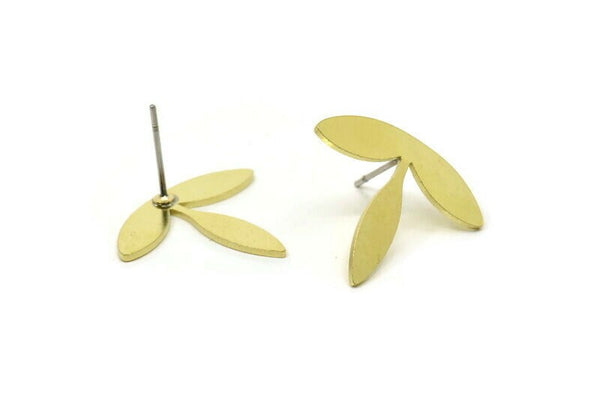 Brass Leaf Earring, 6 Raw Brass Leaf Shaped Stud Earrings (21x18x0.80mm) A6434