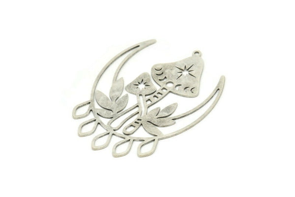 Silver Moon Charm, 2 Antique Silver Plated Brass Mushroom And Crescent Moon Shaped Charms With 1 Loop, Findings (44x34x0.60mm) SMP0425 A5464