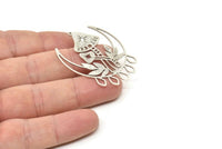 Silver Moon Charm, 2 Antique Silver Plated Brass Mushroom And Crescent Moon Shaped Charms With 1 Loop, Findings (44x34x0.60mm) SMP0425 A5464