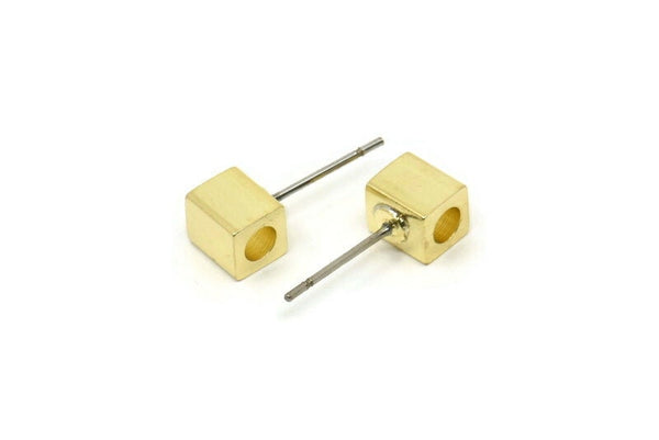 Brass Cube Earring, 4 Raw Brass Cube Stud Earrings (6x5mm) A0684 A5914