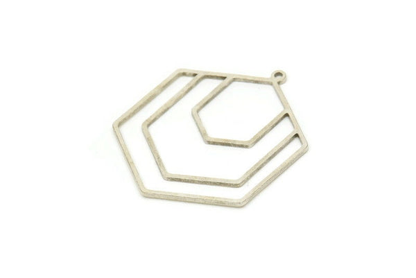 Silver Hexagon Charm, 2 Antique Silver Plated Brass Hexagon Charms With 1 Loop, Geometric Charms (34x27.5x0.80mm) SMP0667 A4652