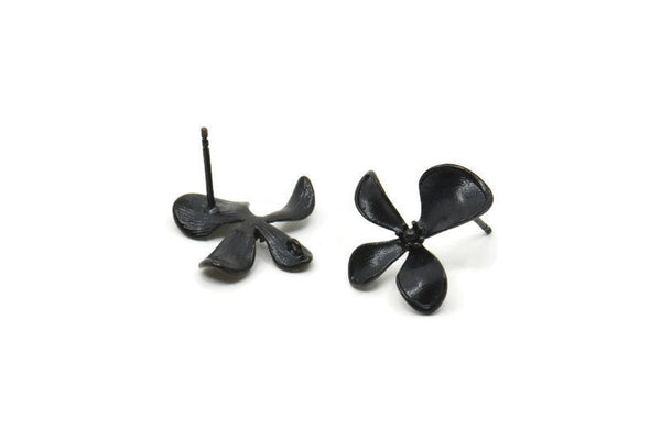 Siyah Çiçek Küpe, 4 Oksitlenmiş Siyah Pirinç Çiçek Küpe (17 mm) N1197