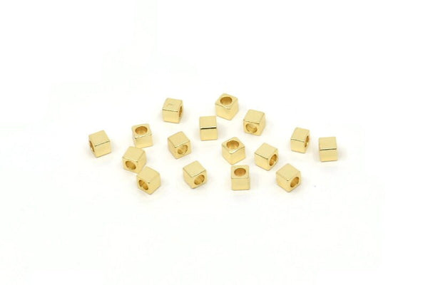 Gold Tube Beads, 24 Gold Plated Brass Square Cube Beads (3mm) Bs 1146 N0548