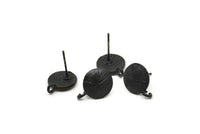 Black Earring Posts, 4 Oxidized Black Brass Round Earring Stud, Earring Charms With 1 Loop (10mm) N0794