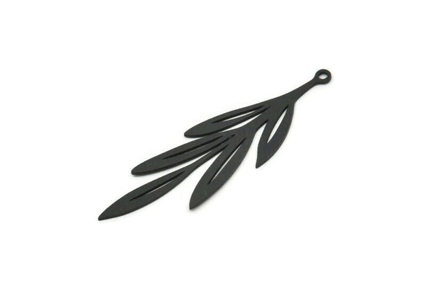 Siyah Yaprak Tılsımı, 1 Halkalı 6 Oksitlenmiş Siyah Pirinç Yaprak Tılsımı, Tılsım Kolye Uçları (48x15x0,60 mm) A3458