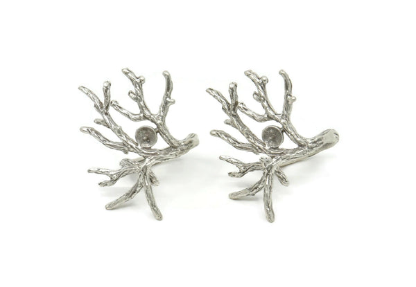 Silver Tree Ring, Antique Silver Plated Brass Tree Ring With 1 Stone Setting - Pad Size 5mm  V045