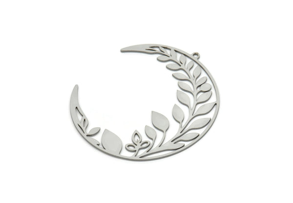 Steel Moon Charm, Stainless Steel Leaf Pattern Crescent Moon Charms With 1 Loop, Findings (49x18x0.80mm) SMP1954