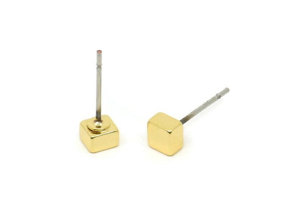 Gold Cube Earring, 6 Gold Plated Brass Cube Stud Earrings (4x3mm) D1498 A1401