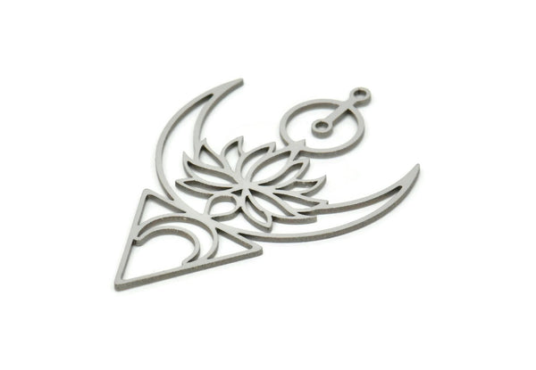 Çelik Ay Tılsımı, Paslanmaz Çelik Lotus Çiçekleri, 1 Halkalı Hilal Ay Tılsımları (45x31x0,80 mm) SMP1902