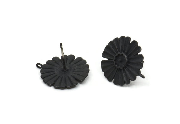 Black Flower Earring, 2 Oxidized Black Brass Flower Stud Earrings (17x1mm) N1171