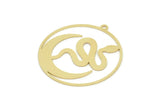Brass Round Charm, 6 Raw Brass Snake And Crescent Moon Patterned Round Shaped Charms With 1 Loop, Findings (32x30x0.60mm) SMP1918