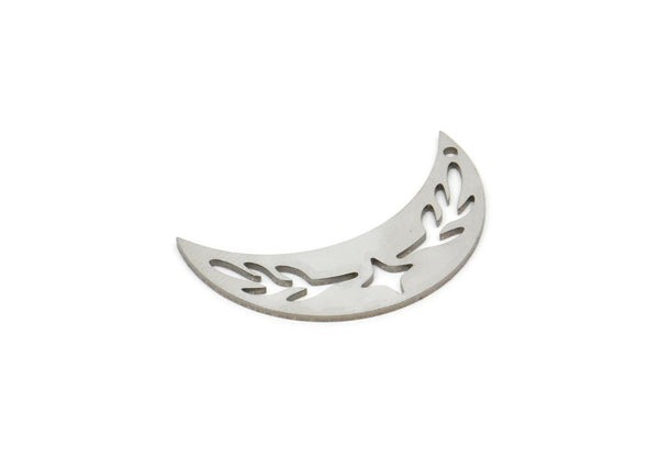Steel Moon Charm, Stainless Steel Leaf Pattern Crescent Moon Charms With 1 Hole, Findings (28x9x0.80mm) SMP1996